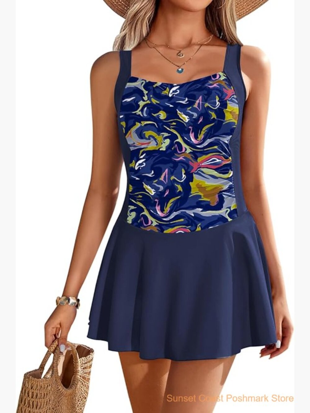 Swim Dress One Piece Bathing Suit Ruched Retro Swimwear